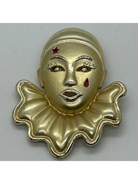 Vintage Gold Tone Pierrot Clown Brooch With Red Star & Tear Costume Jewelry Pin